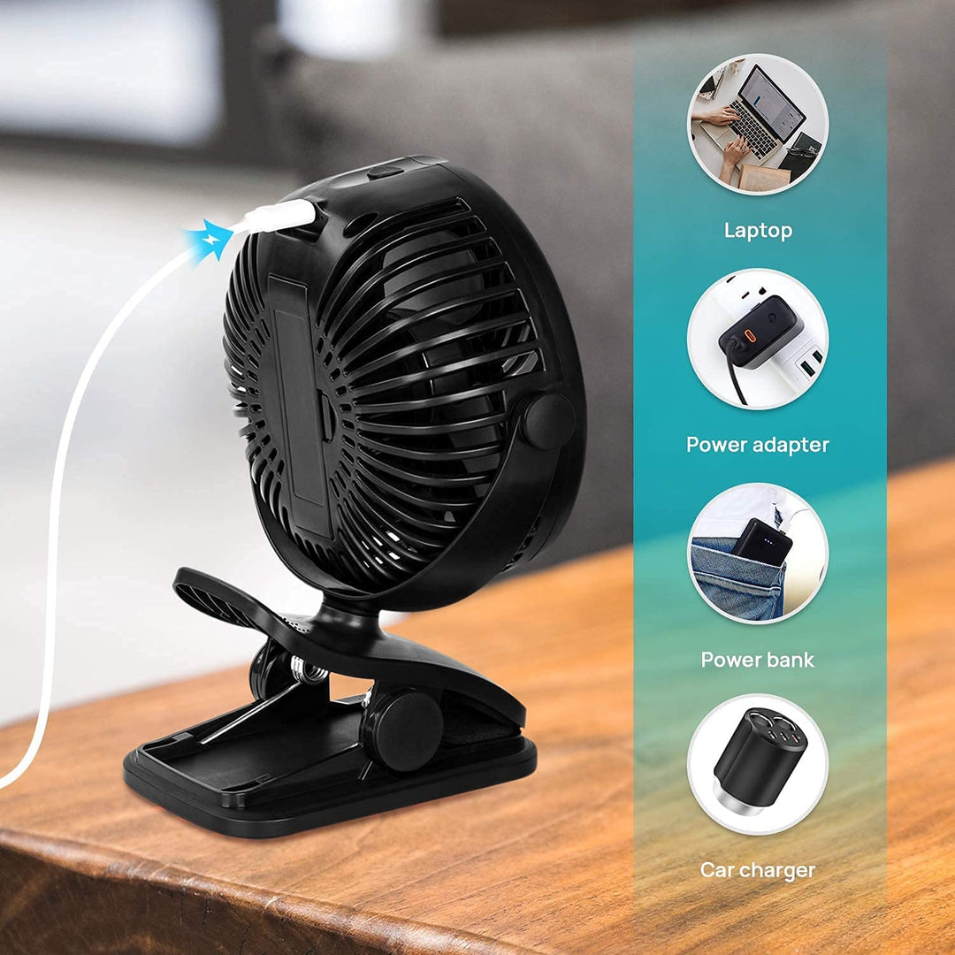 Stroller Fan Clip On Fan, Rechargeable Battery Operated USB Desk Fan, 4 Inch Table Fan,Cooling Fan with 3 Speed, 360° Rotate Desktop Fan, Strong Wind Portable Fan for Home Office Treadmill Baby Stroller