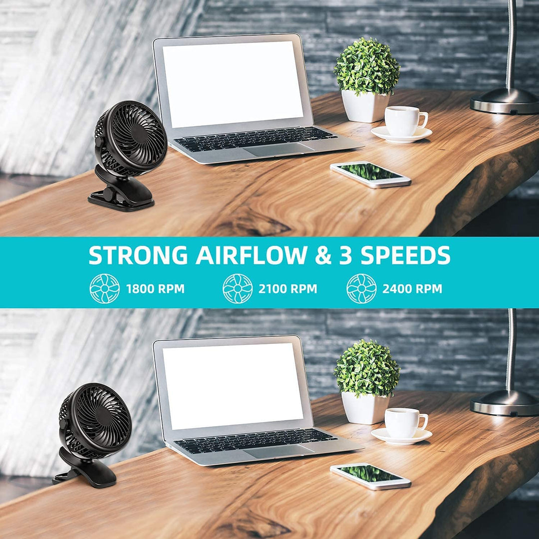 Stroller Fan Clip On Fan, Rechargeable Battery Operated USB Desk Fan, 4 Inch Table Fan,Cooling Fan with 3 Speed, 360° Rotate Desktop Fan, Strong Wind Portable Fan for Home Office Treadmill Baby Stroller