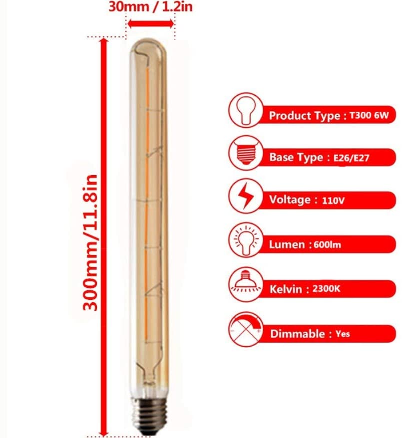 T300 Vintage LED Filament Bulb T300 6W Dimmable Vintage Edison Light Bulb Long Tubular Vintage LED Light,E26/E27 Medium Base,Amber Glass,Warm White 2300K,6W(40W Equivalent),Dimmable,Pack of 4