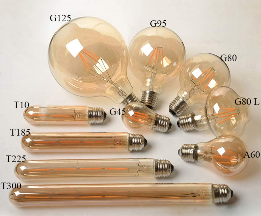 T300 Vintage LED Filament Bulb T300 6W Dimmable Vintage Edison Light Bulb Long Tubular Vintage LED Light,E26/E27 Medium Base,Amber Glass,Warm White 2300K,6W(40W Equivalent),Dimmable,Pack of 4