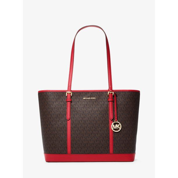 MICHAEL KORS Jet Set Travel Large Logo Tote Bag in Signature Flame Red/Brown