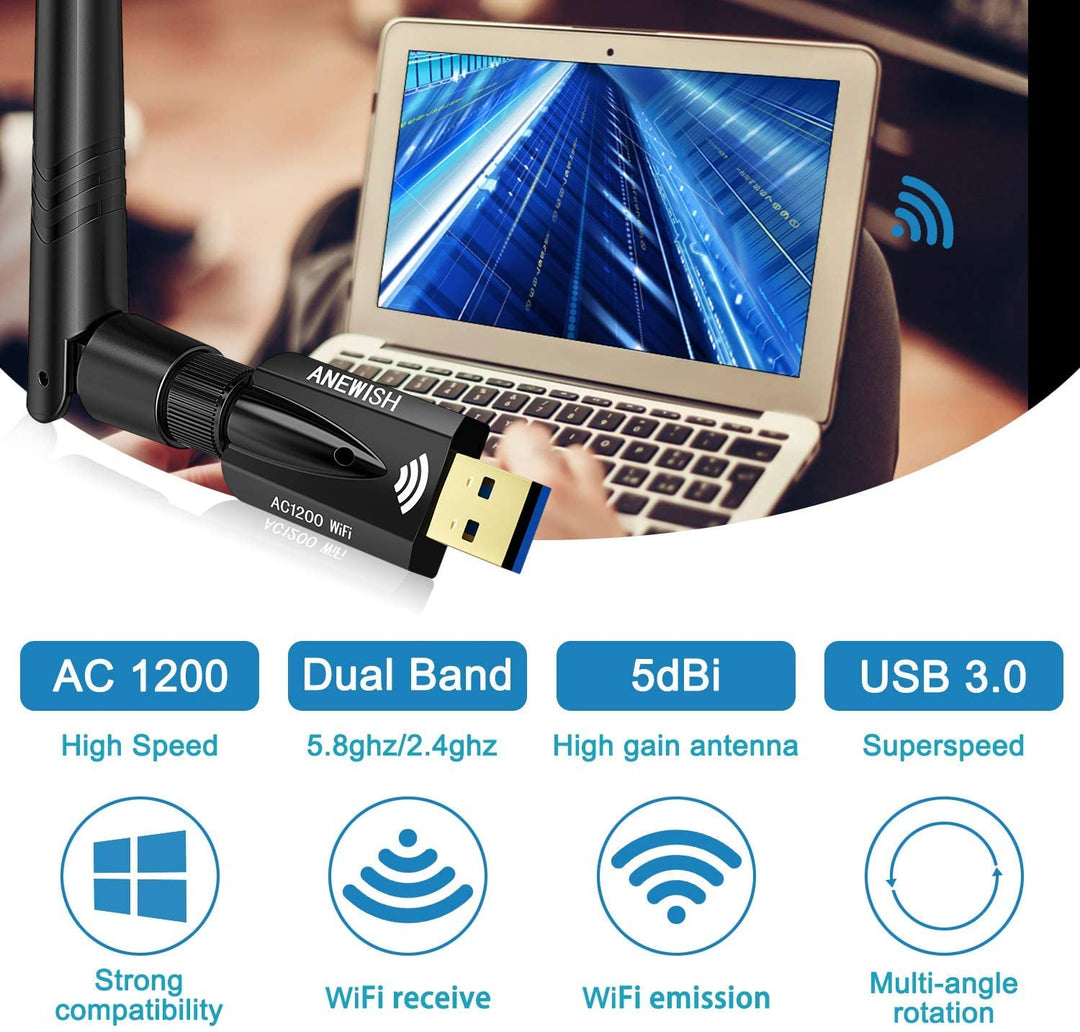 USB Wifi Adapter 1200Mbps, ANEWISH Wireless Adapter USB3.0 Dual Band 11ac(2.4GHz/300Mbps 5GHz/867Mbps)Network Lan Card Dongle for PC Desktop Laptop, Support Windows 10/8.1/8/7/XP, Linux, Mac