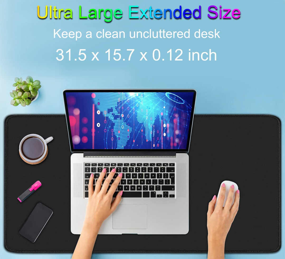 Large Extended Gaming Mouse Pad with Stitched Edges, (31.5X15.7In) Durable Non-Slip Natural Rubber Base, Waterproof Computer Keyboard Pad Mat for Esports Pros/Gamer/Desktop/Office/Home-Black 