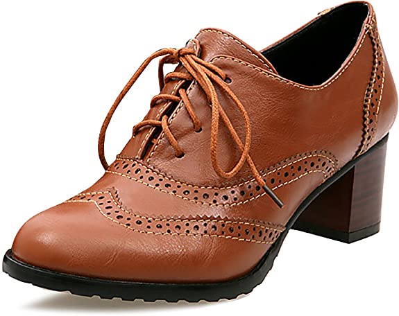 Odema Womens PU Leather Oxfords Wingtip Lace up Mid Heel Pumps Shoes