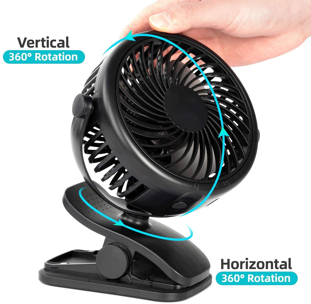 Stroller Fan Clip On Fan, Rechargeable Battery Operated USB Desk Fan, 4 Inch Table Fan,Cooling Fan with 3 Speed, 360° Rotate Desktop Fan, Strong Wind Portable Fan for Home Office Treadmill Baby Stroller 